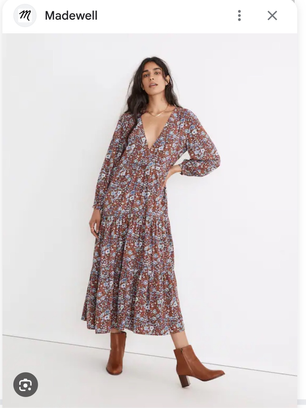 Madewell Brown Floral V-Neck Long Sleeve Midi Dress